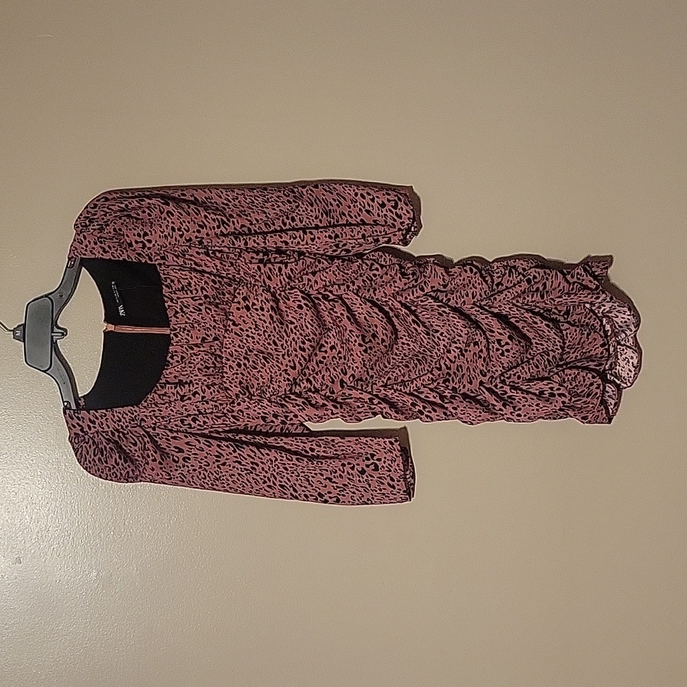 Zara Womens Pink Black Leopard Print Ruched Long Sleeve Empire Cut Dress Size Sm